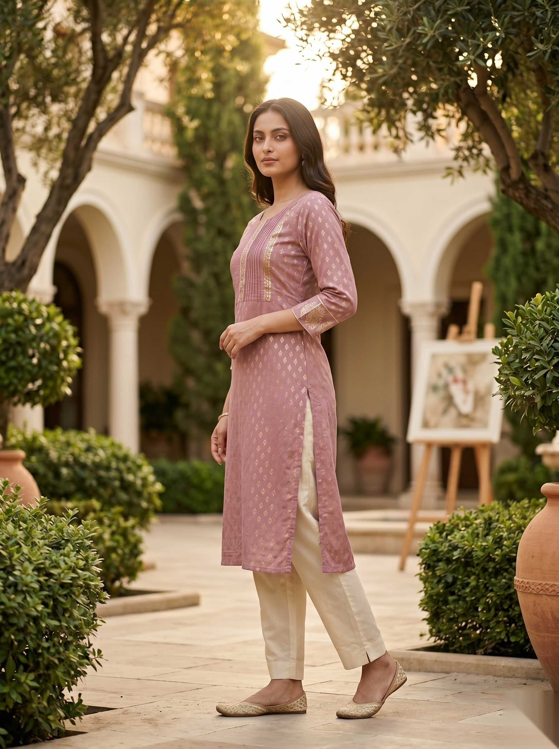 Golden Pattern kurti - Light Pink