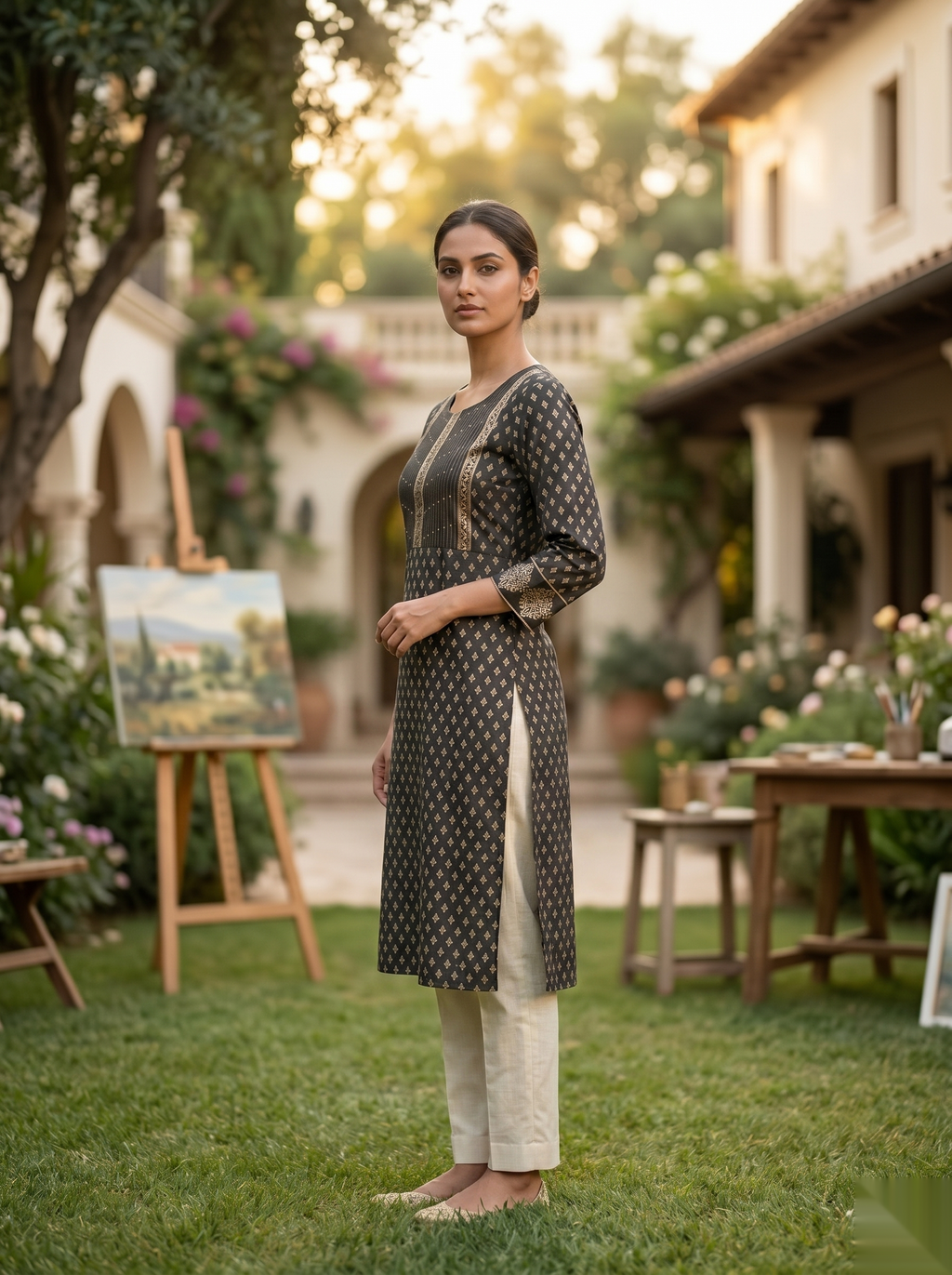 Golden Pattern kurti - Grey