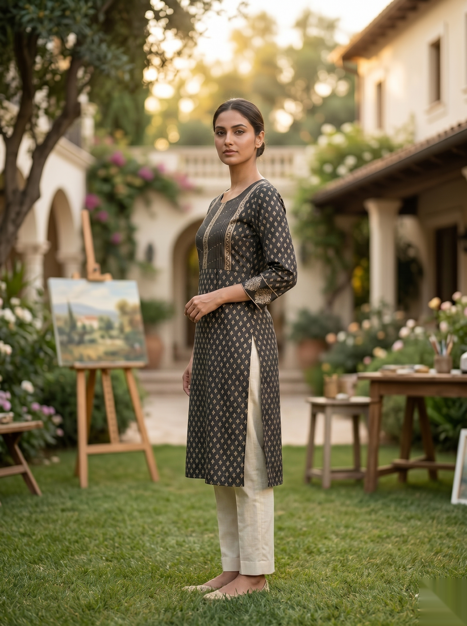 Golden Pattern kurti - Grey