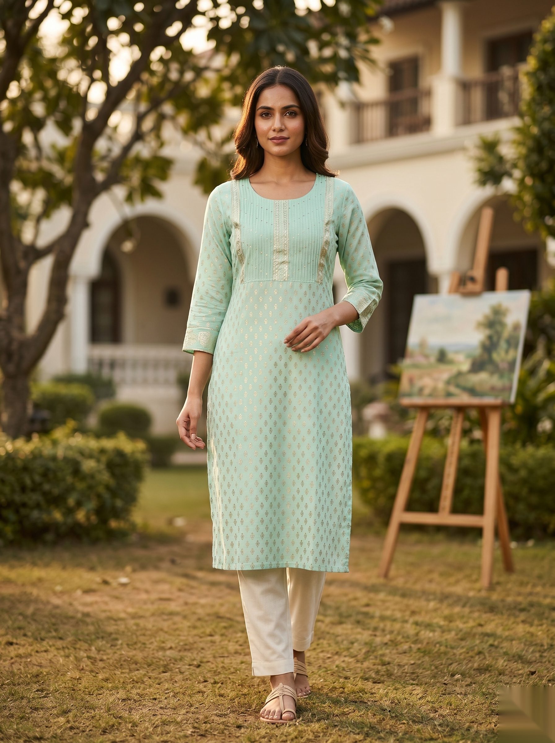 Golden Pattern kurti - Light Green