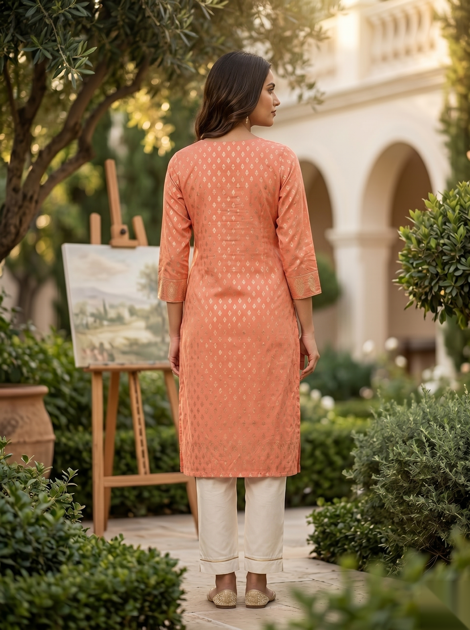 Golden Pattern kurti - Orange