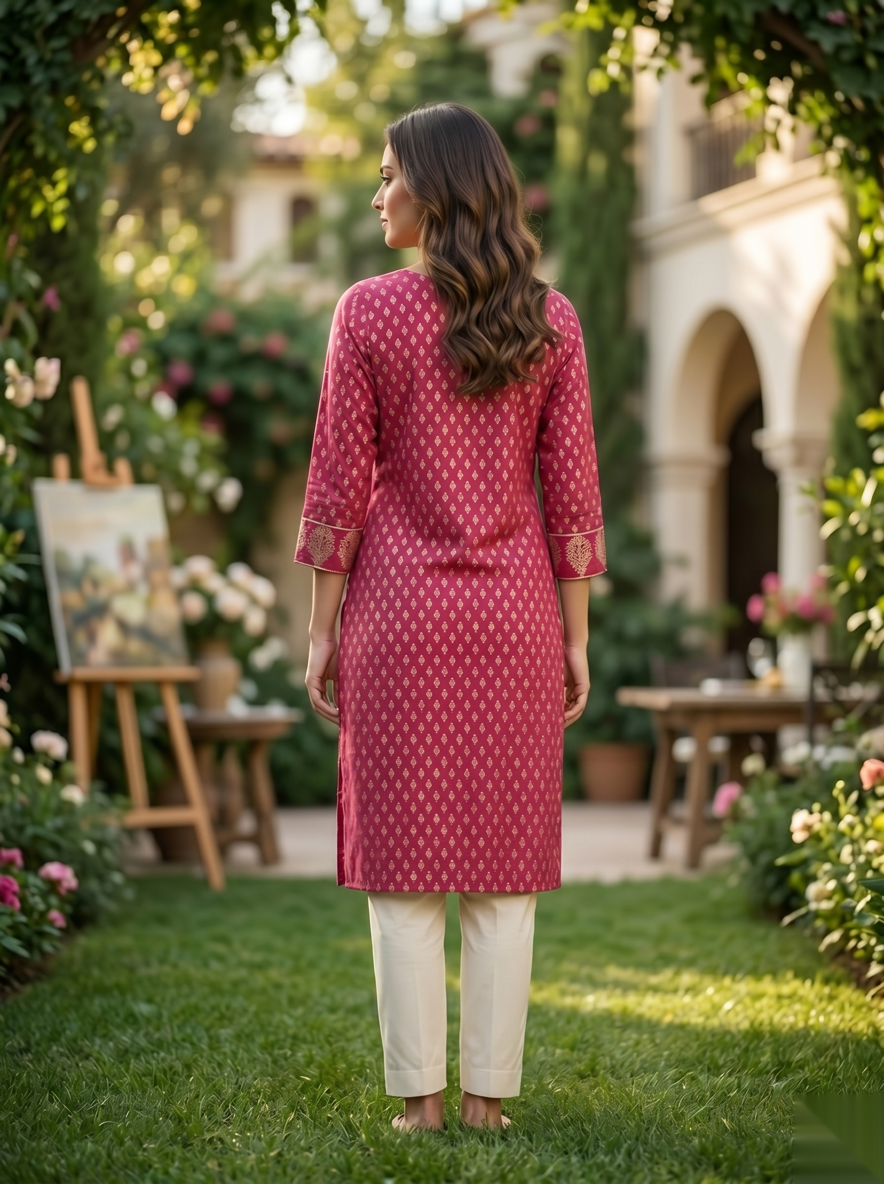 Golden Pattern kurti - Royal Pink