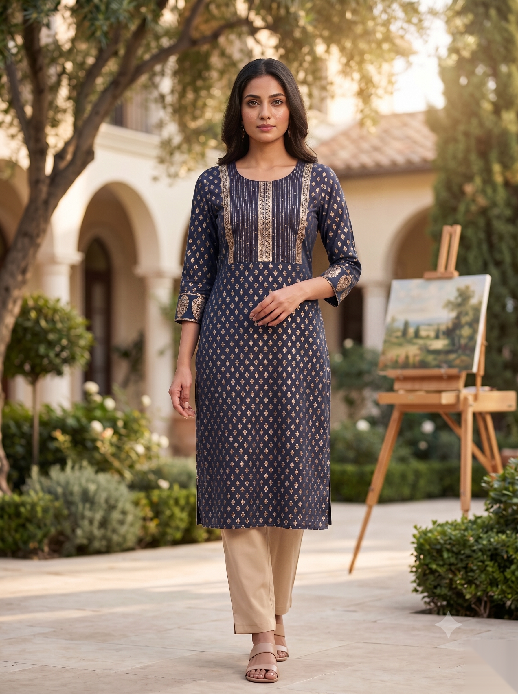 Golden Pattern kurti - Blue grey