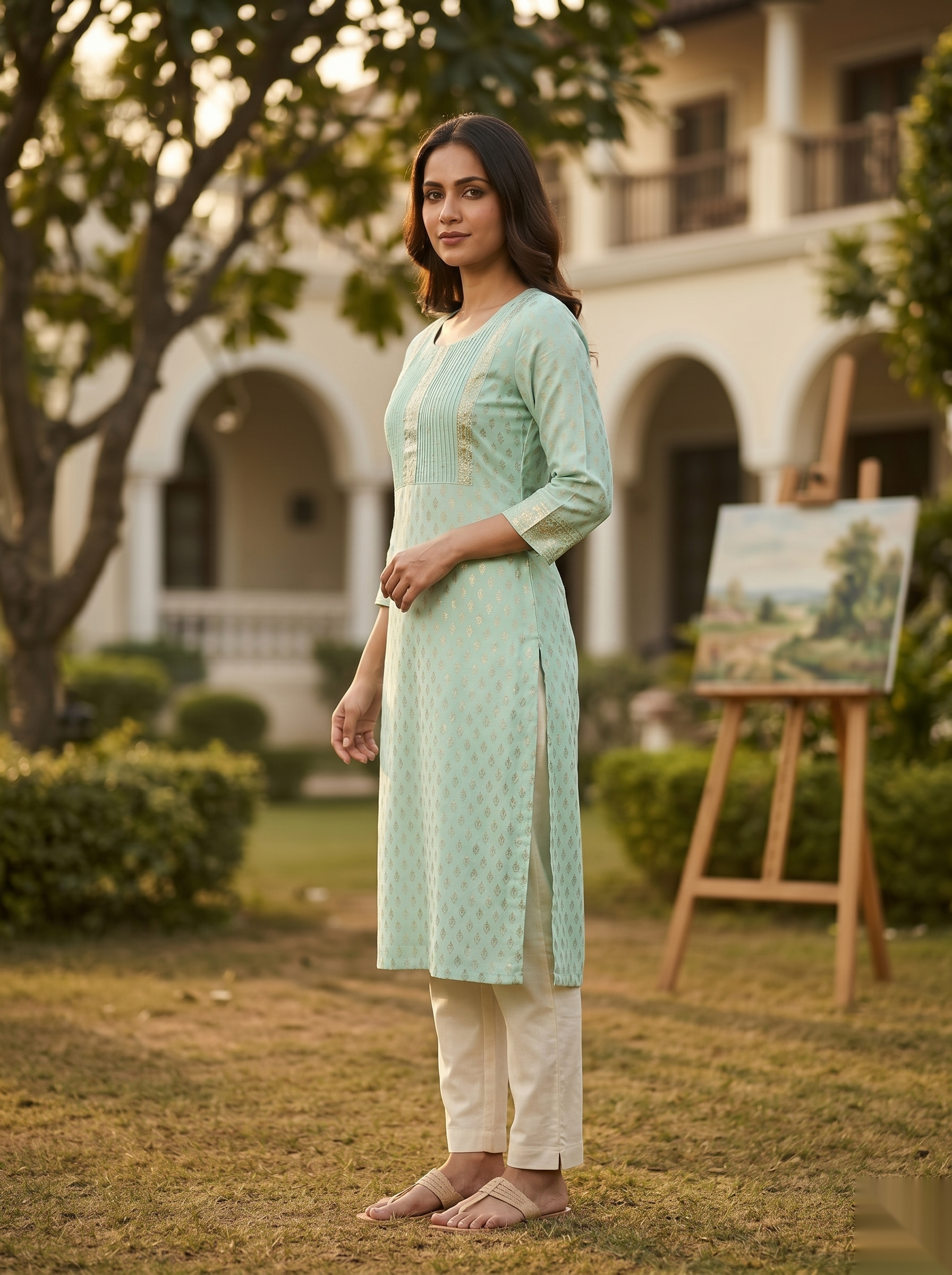 Golden Pattern kurti - Light Green