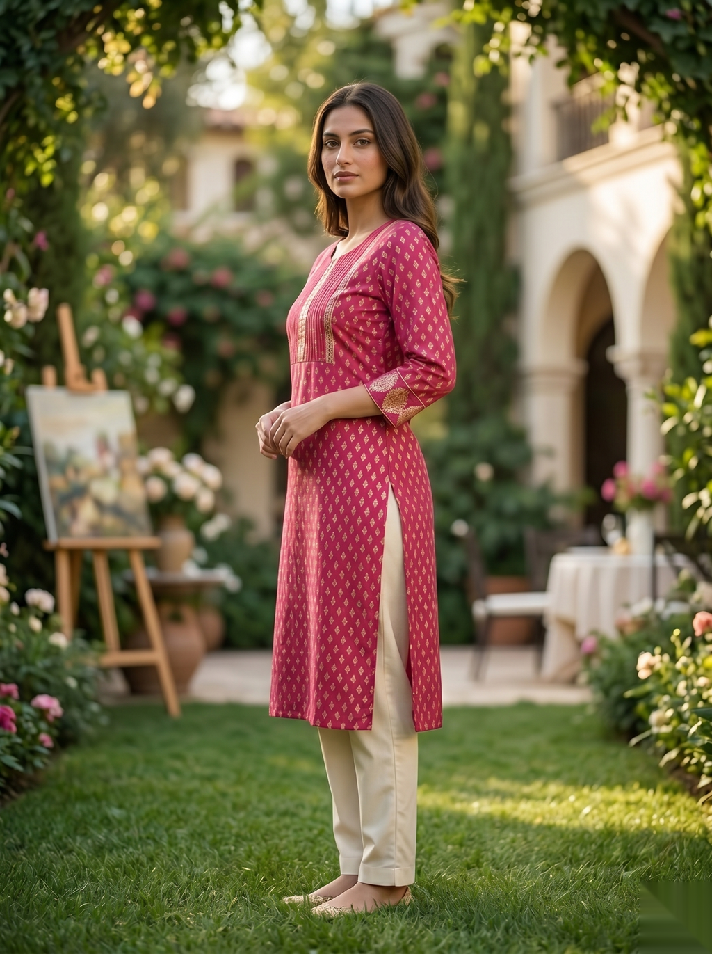 Golden Pattern kurti - Royal Pink