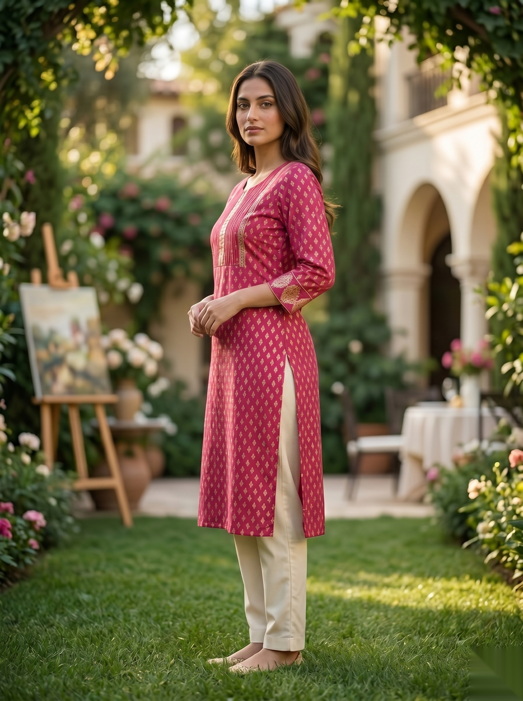 Golden Pattern kurti - Royal Pink