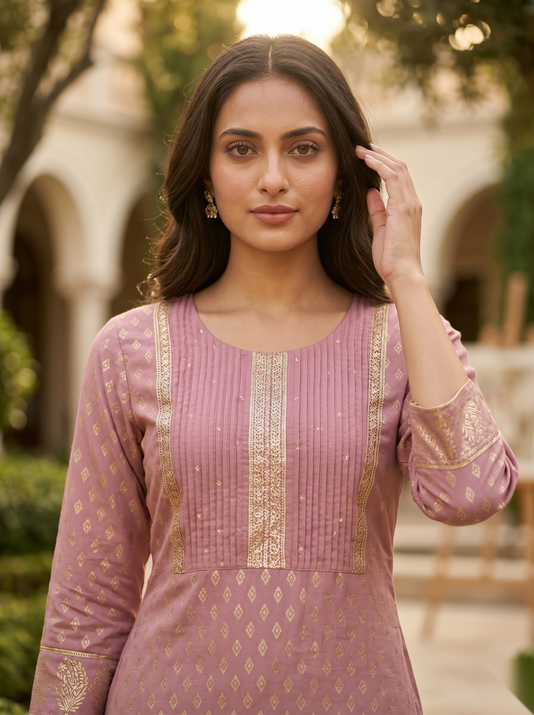 Golden Pattern kurti - Light Pink