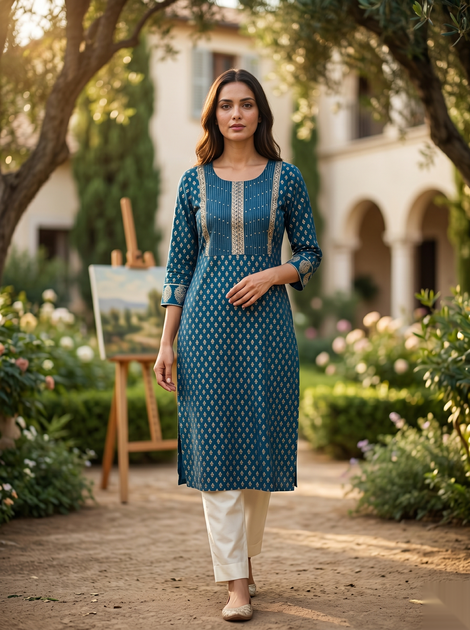 Golden Pattern kurti - Royal Blue