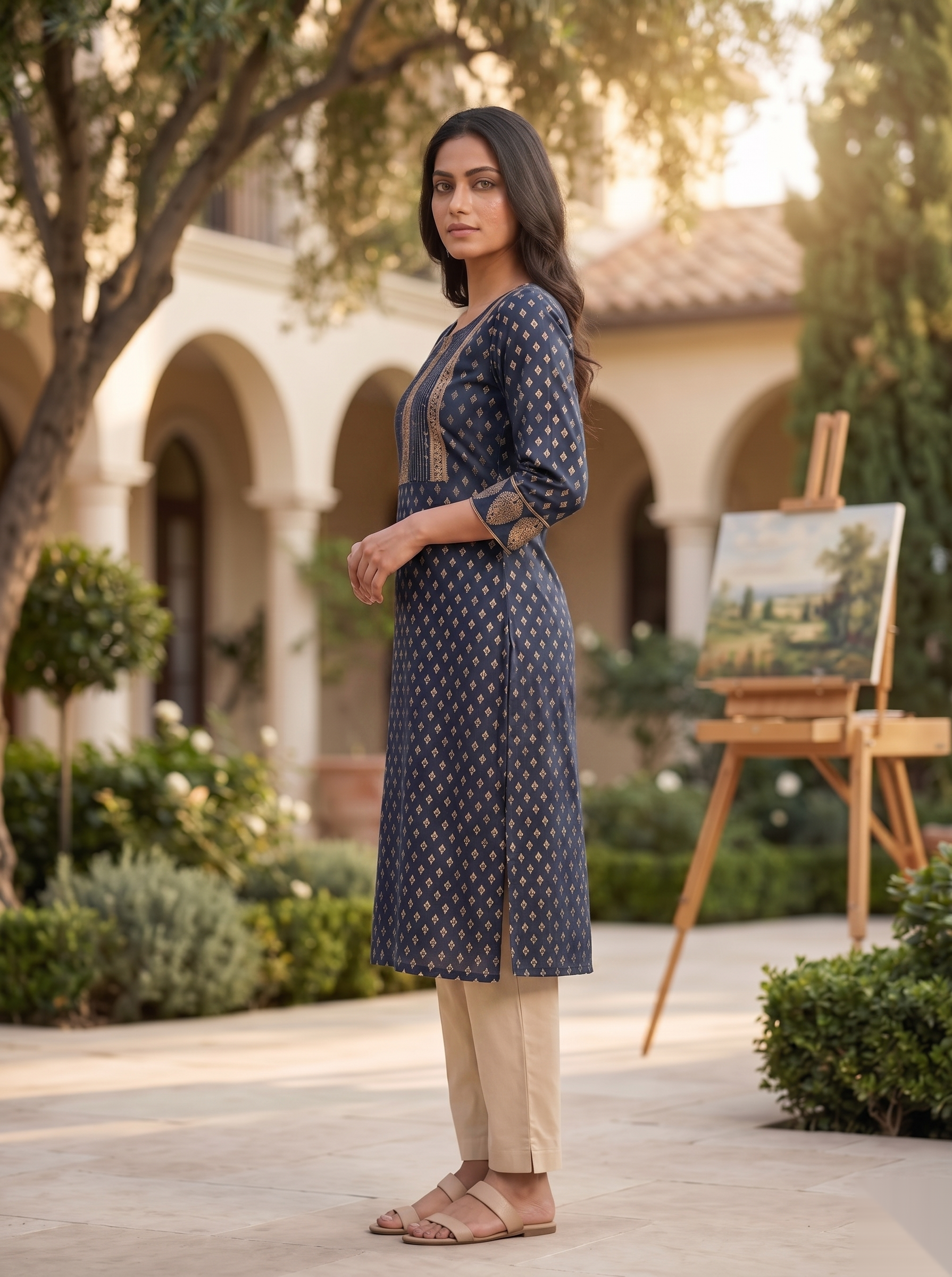 Golden Pattern kurti - Blue grey