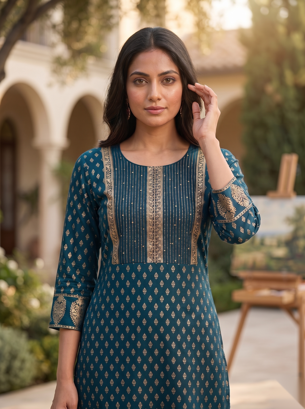 Golden Pattern kurti - Royal green