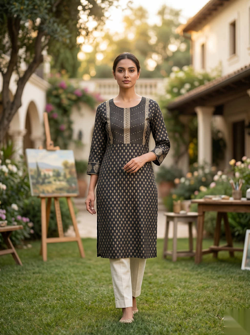 Golden Pattern kurti - Grey