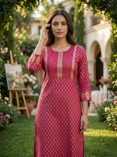 Golden Pattern kurti - Dark pink