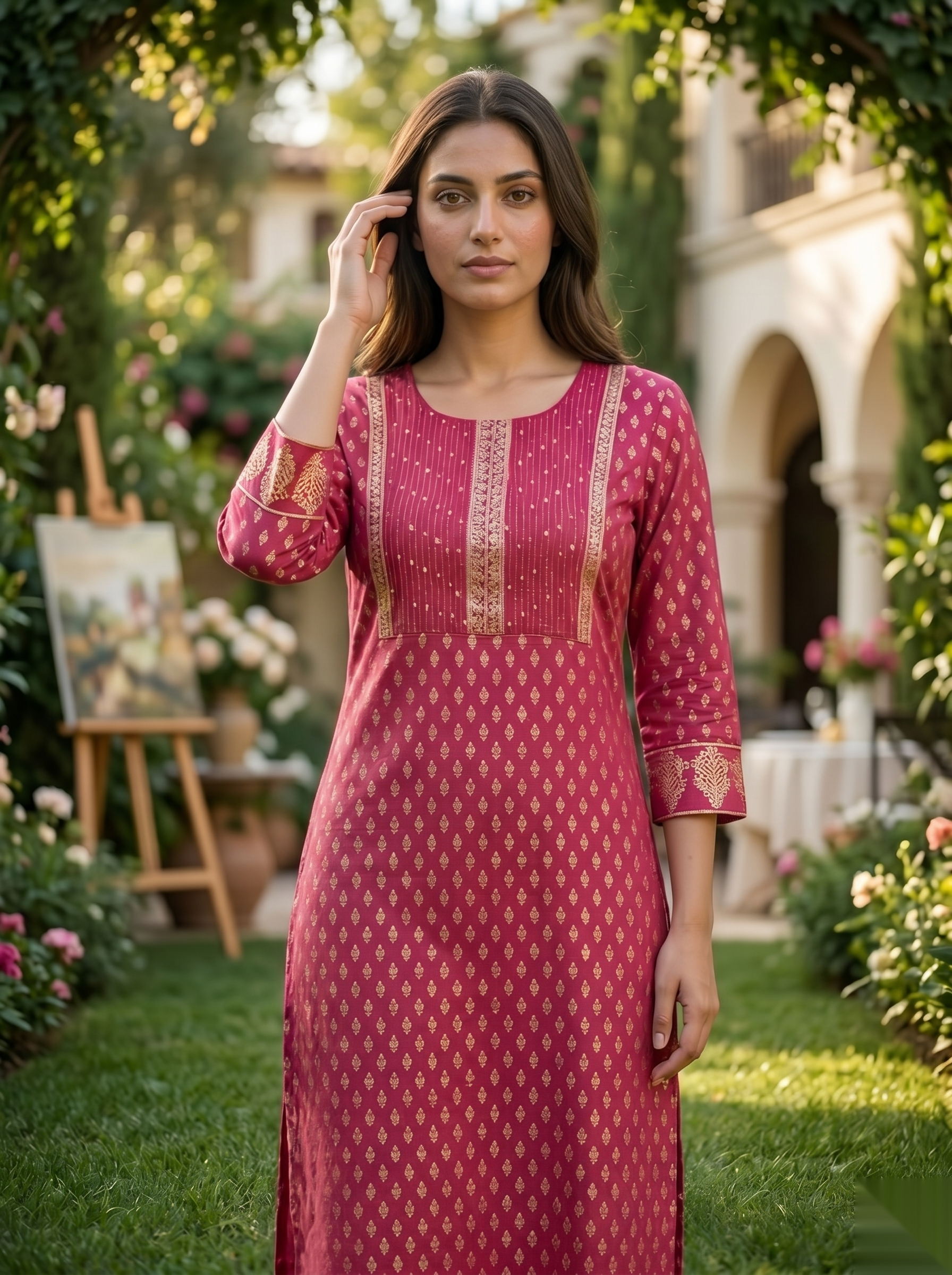 Golden Pattern kurti - Royal Pink