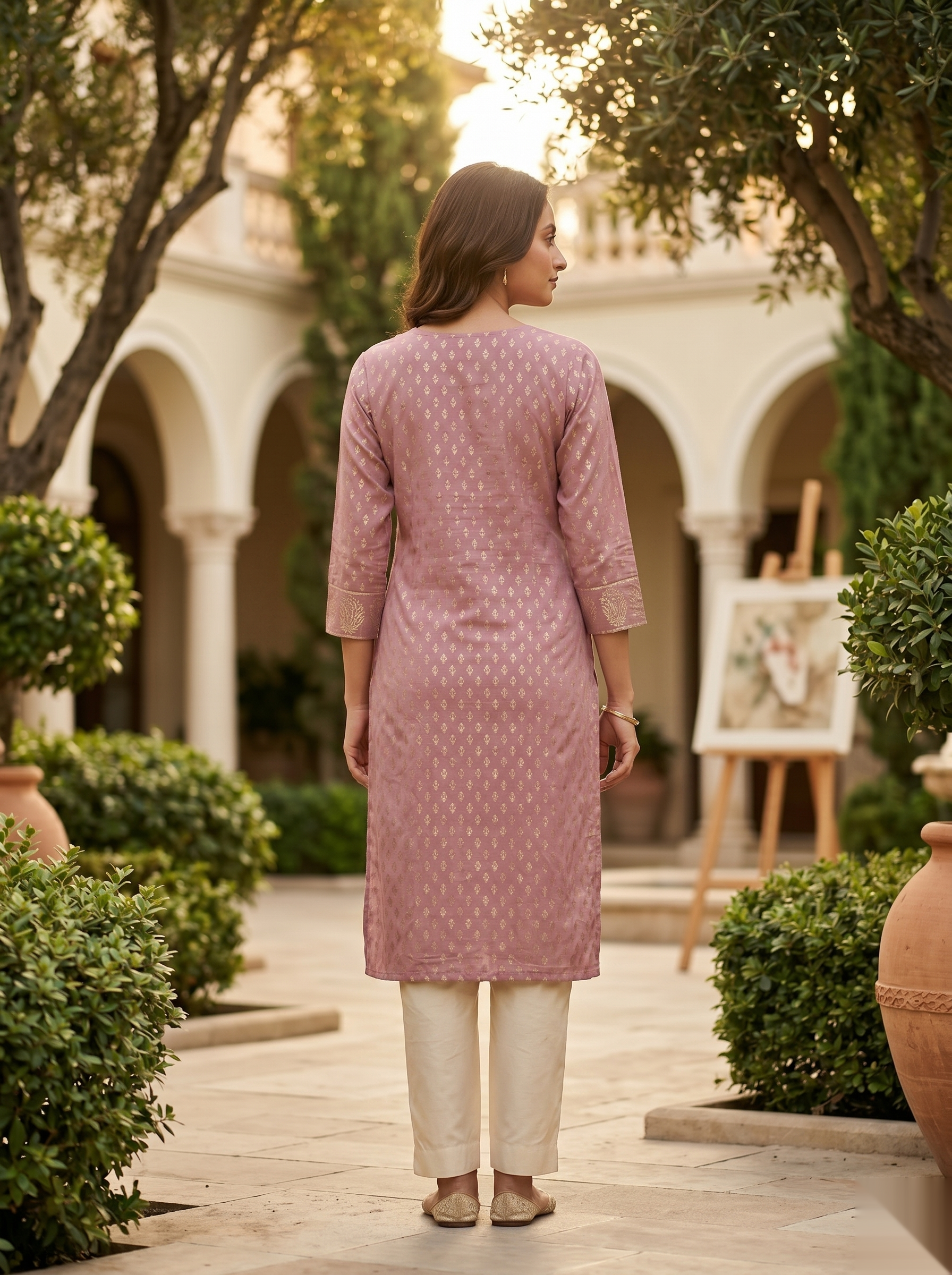 Golden Pattern kurti - Light Pink