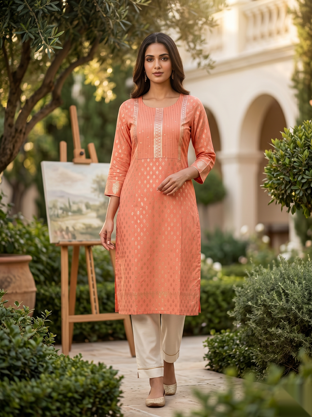 Golden Pattern kurti - Orange