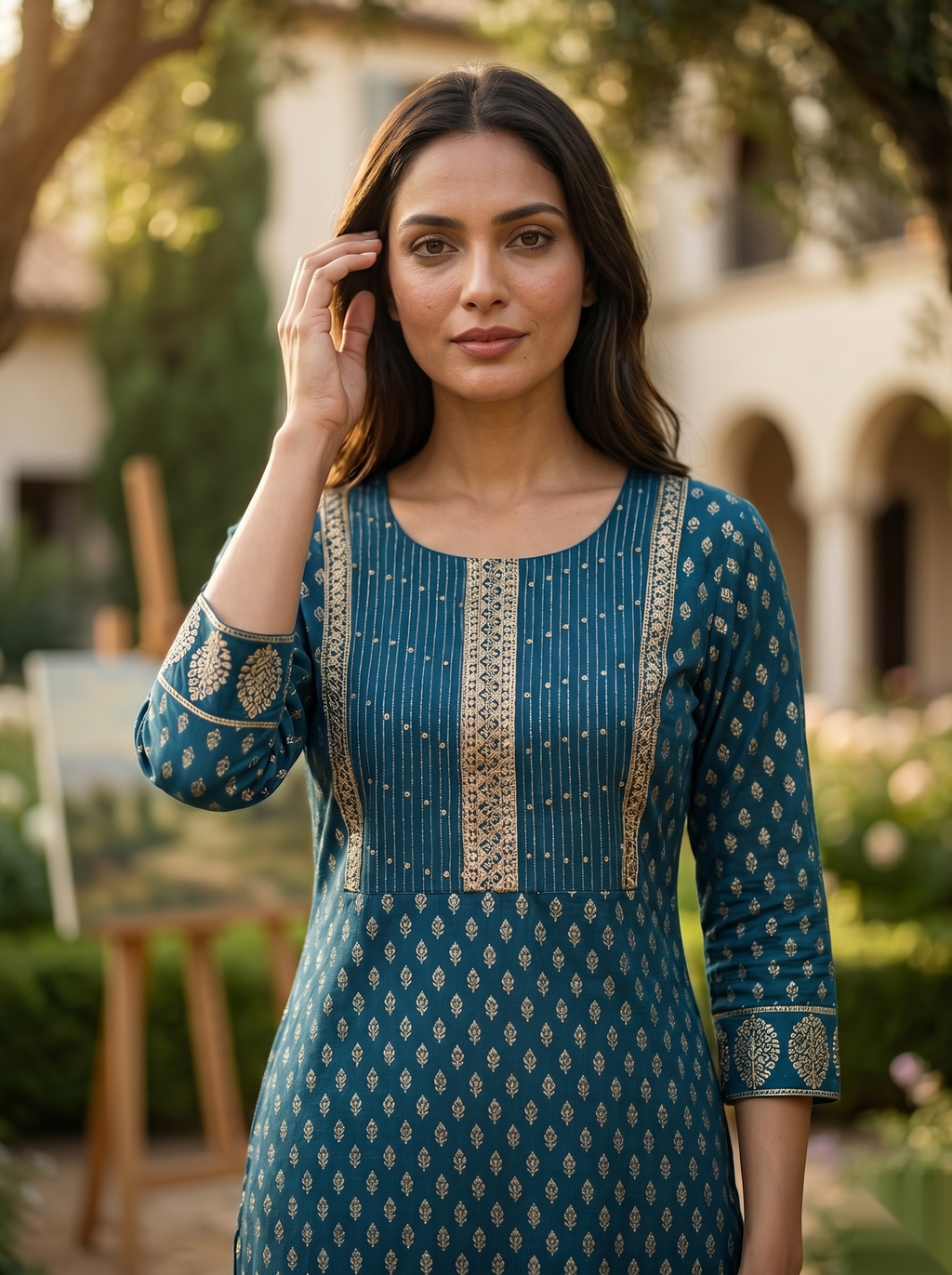 Golden Pattern kurti - Royal Blue