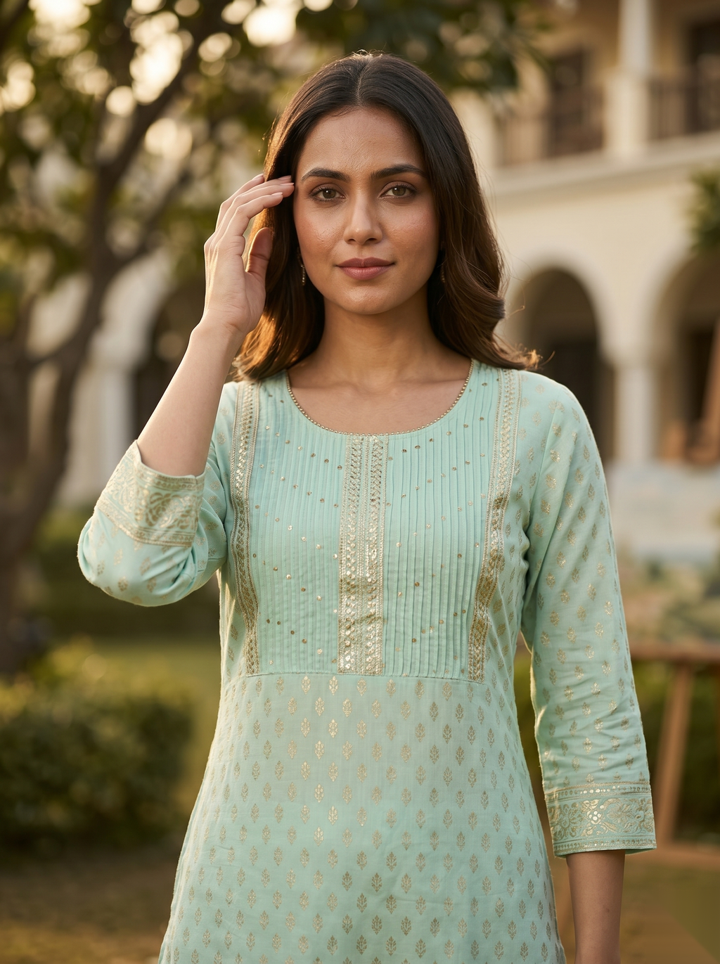 Golden Pattern kurti - Light Green