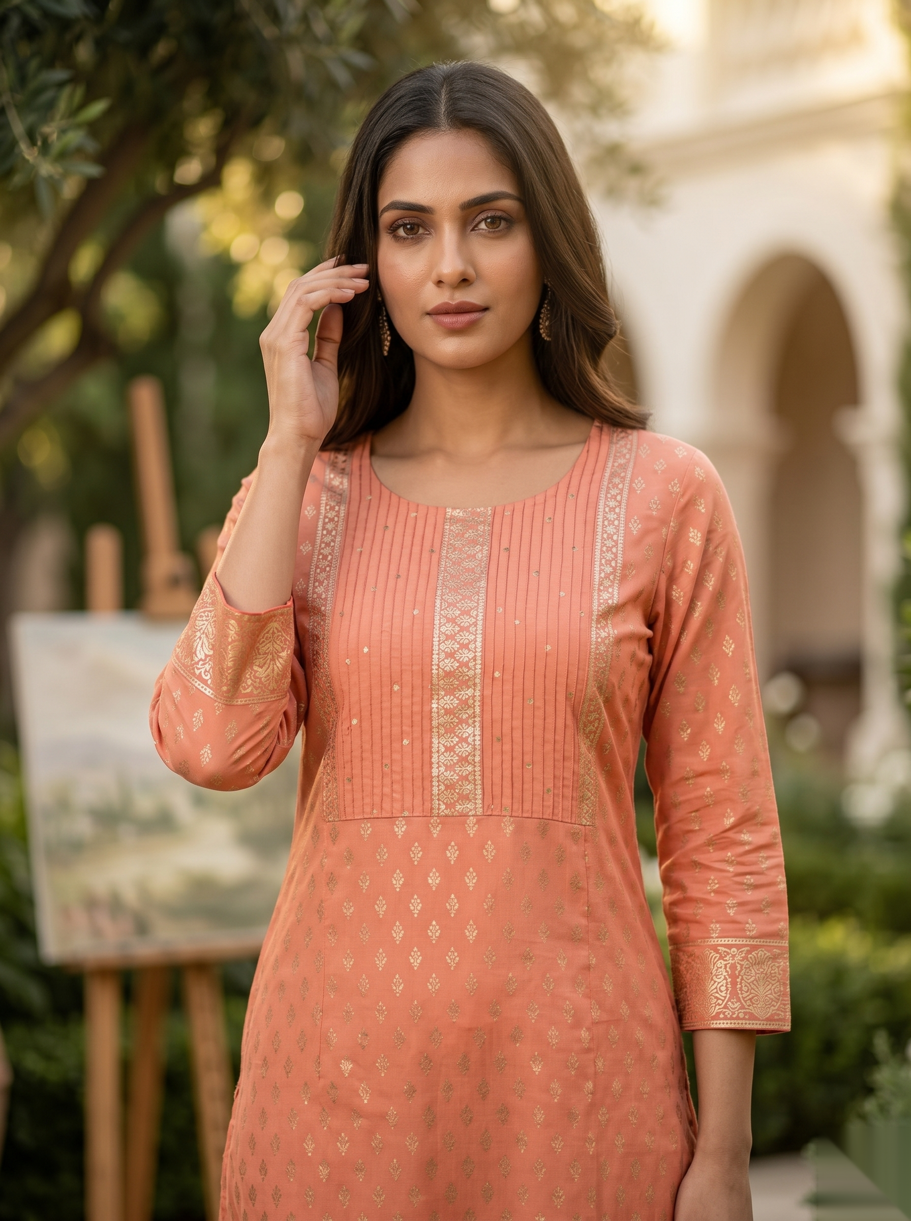 Golden Pattern kurti - Orange