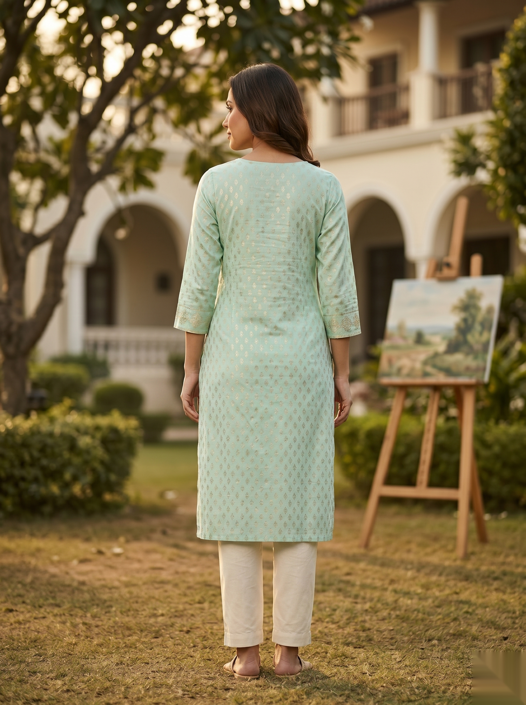 Golden Pattern kurti - Light Green