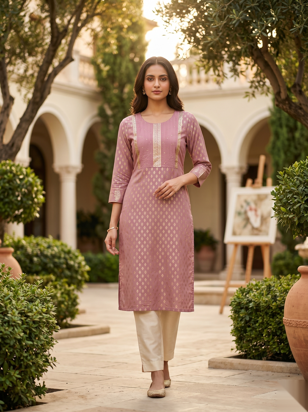 Golden Pattern kurti - Light Pink