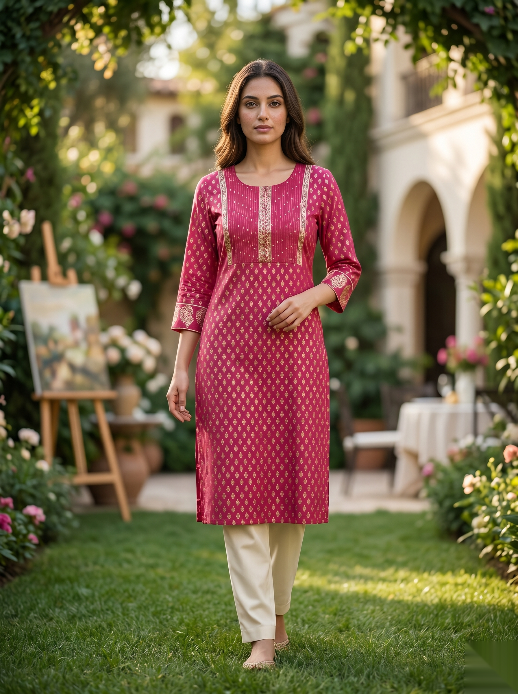 Golden Pattern kurti - Royal Pink