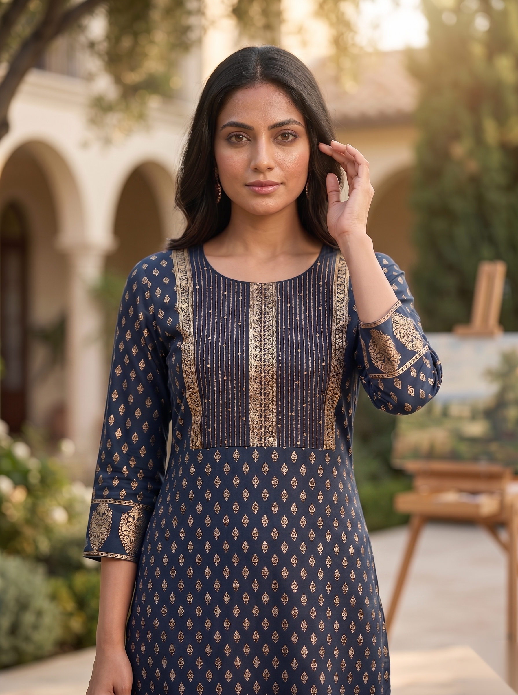 Golden Pattern kurti - Blue grey