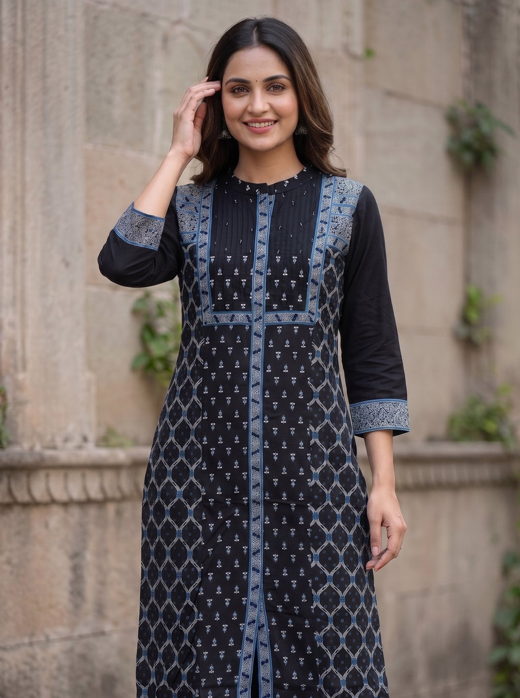 Black Round Neck Blue Embriodery  Kurti