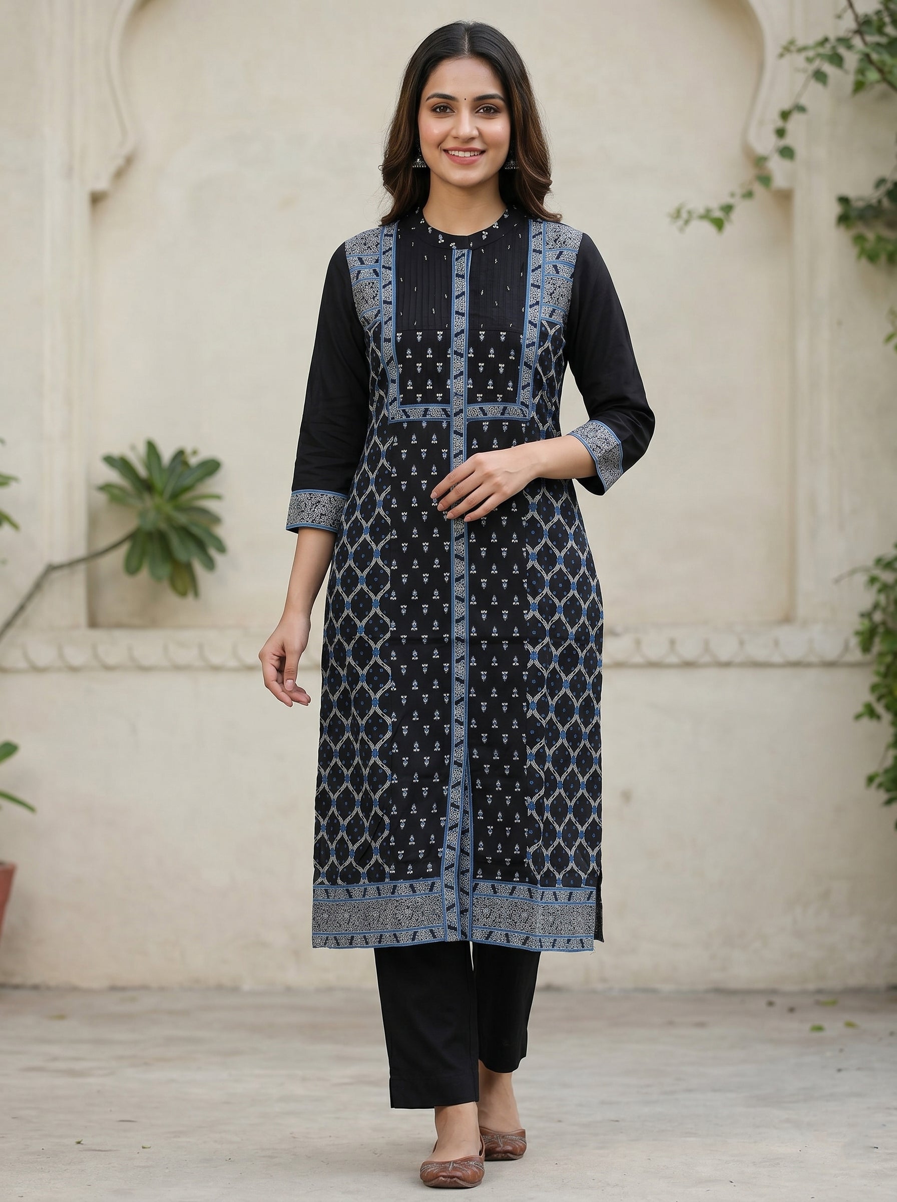 Black Round Neck Blue Embriodery  Kurti