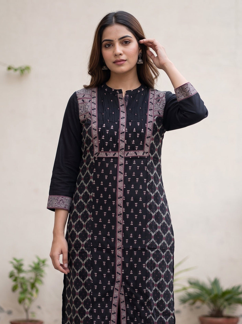 Black Round Neck Pink Embriodery Kurti