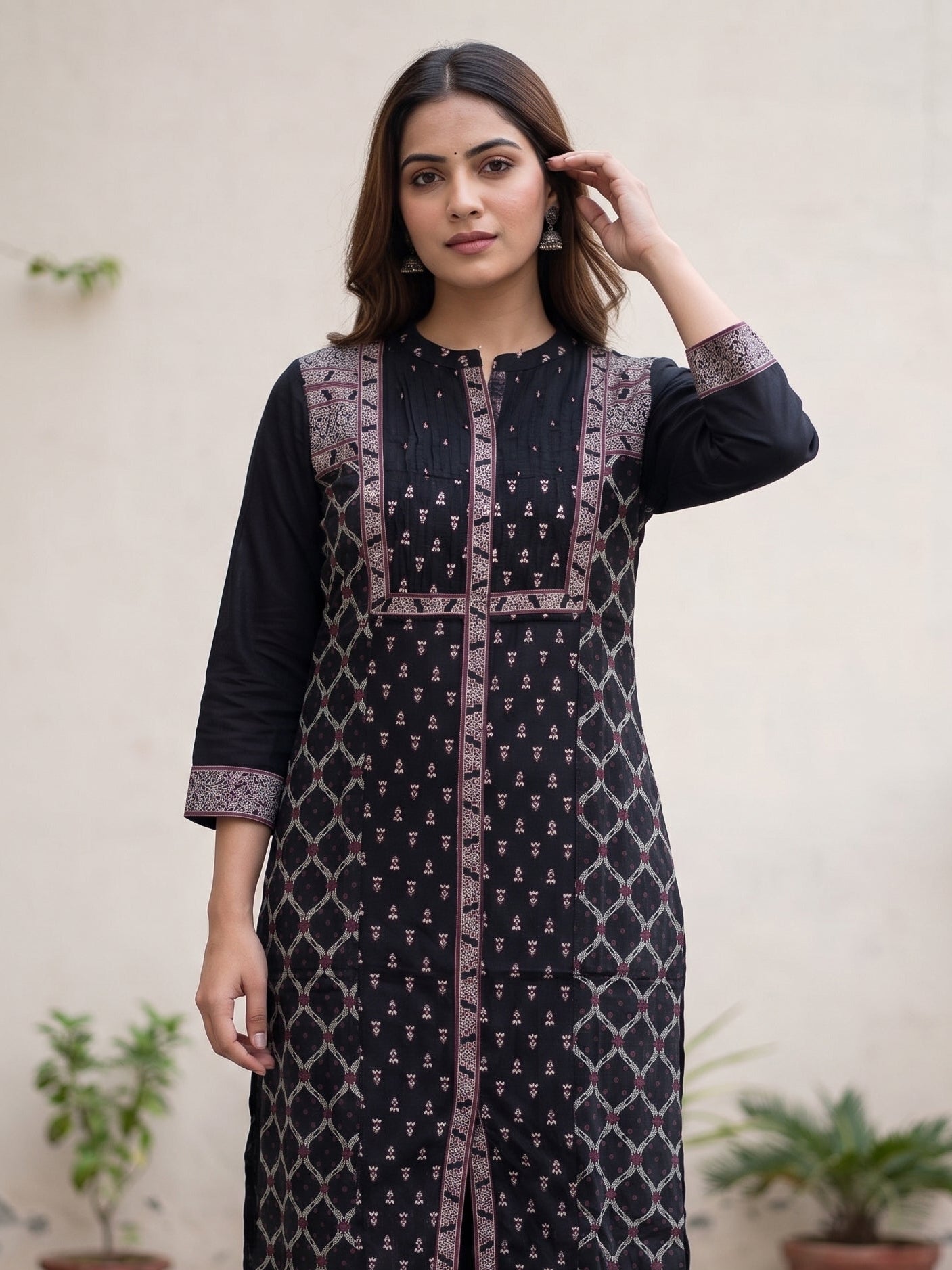 Black Round Neck Pink Embriodery Kurti