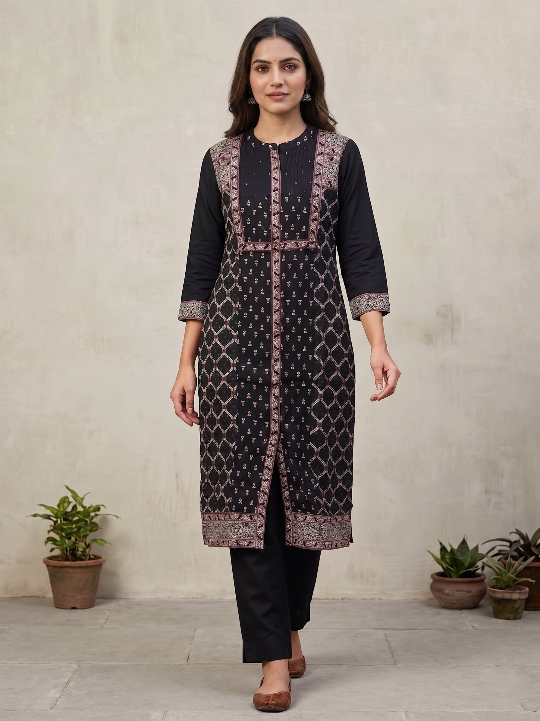 Black Round Neck Pink Embriodery Kurti
