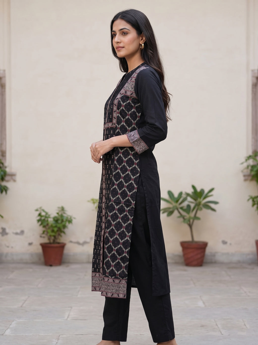 Black Round Neck Pink Embriodery Kurti
