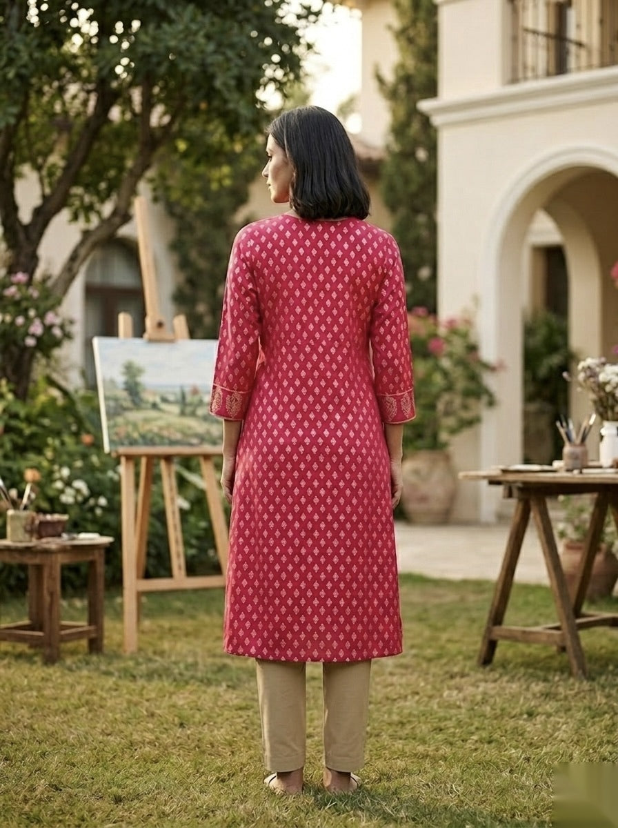 Golden Pattern kurti - Dark pink