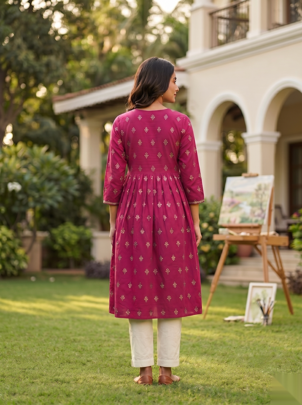 Cross Design Umberlla Kurti - Dark Pink