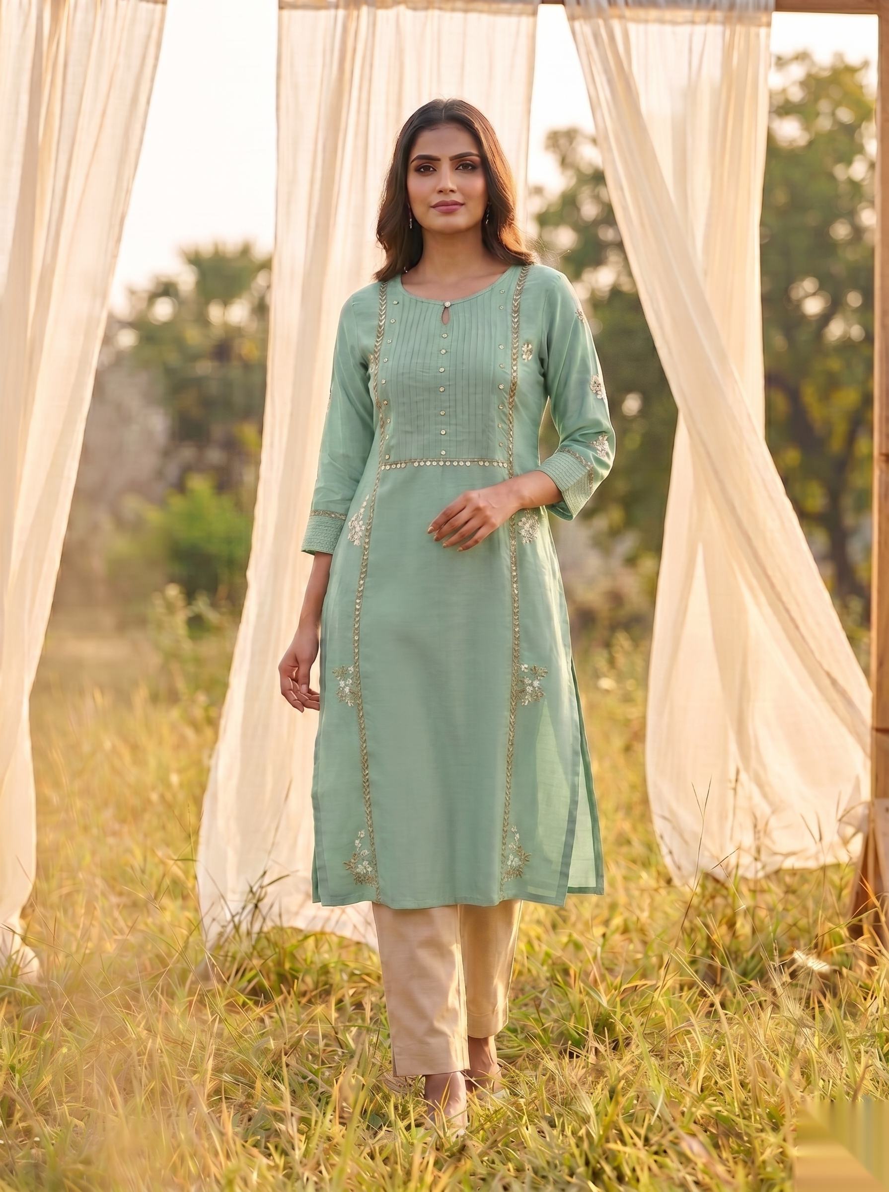 Floral Embroidered Kurti - Royal Green