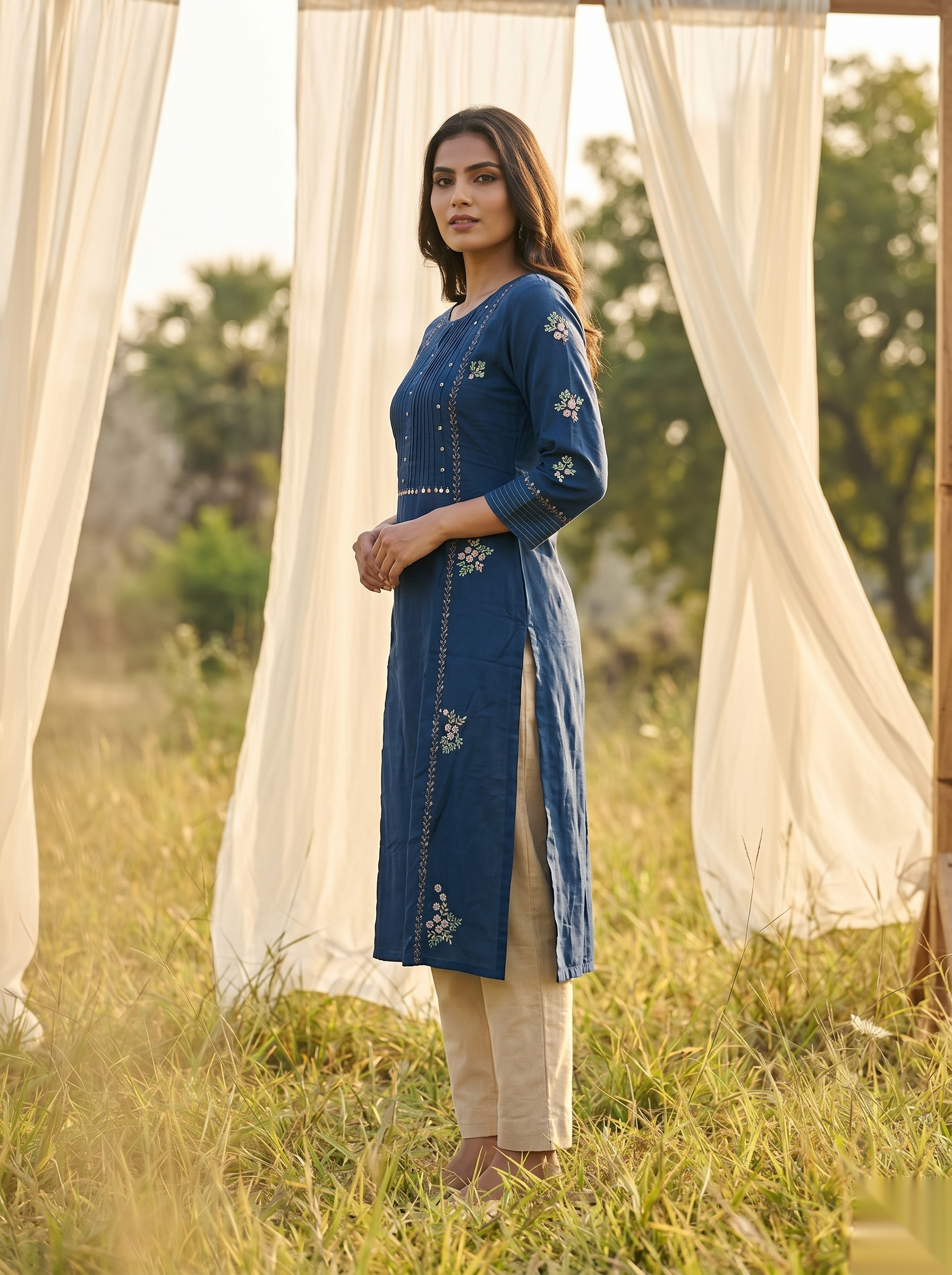 Floral Embroidered Kurti - Royal Blue
