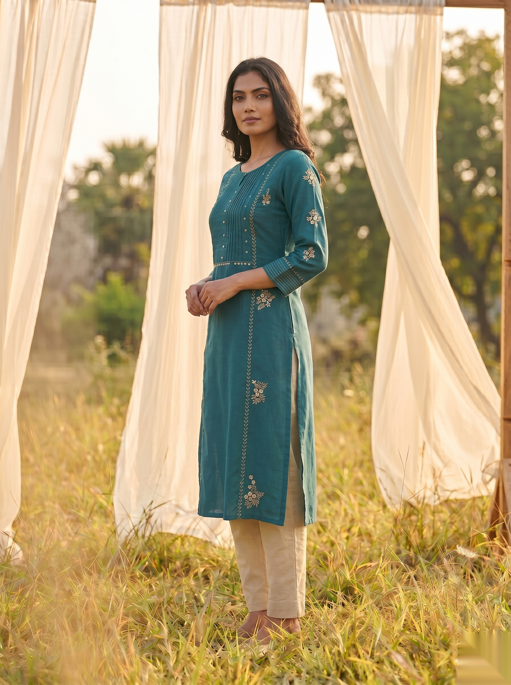 Floral Embroidered Kurti - Deep Green