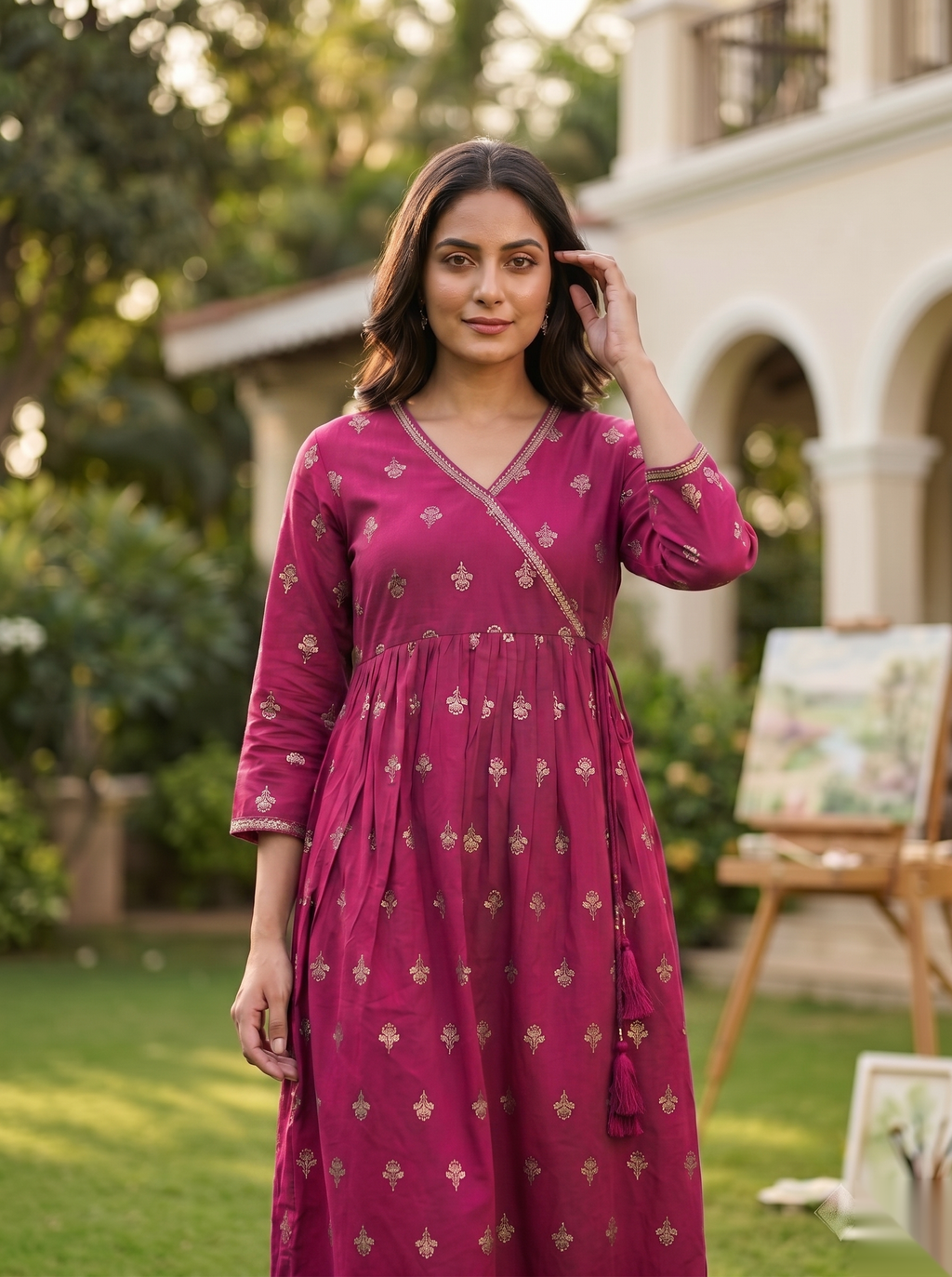 Cross Design Umberlla Kurti - Dark Pink