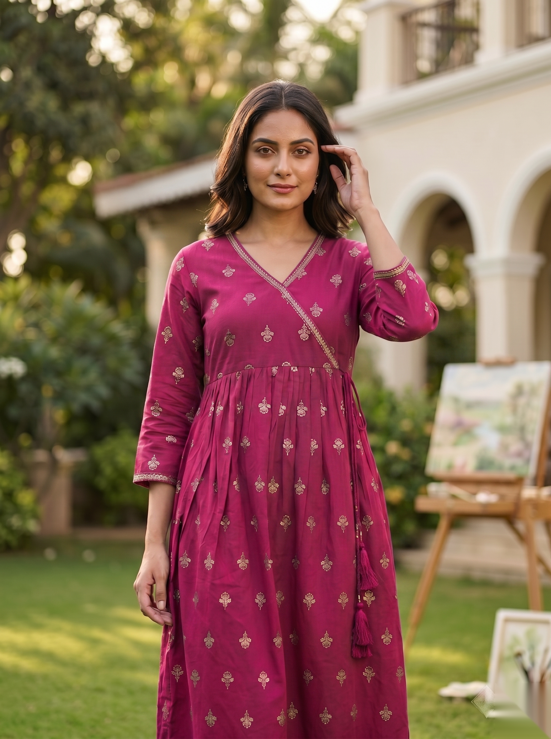 Cross Design Umberlla Kurti - Dark Pink