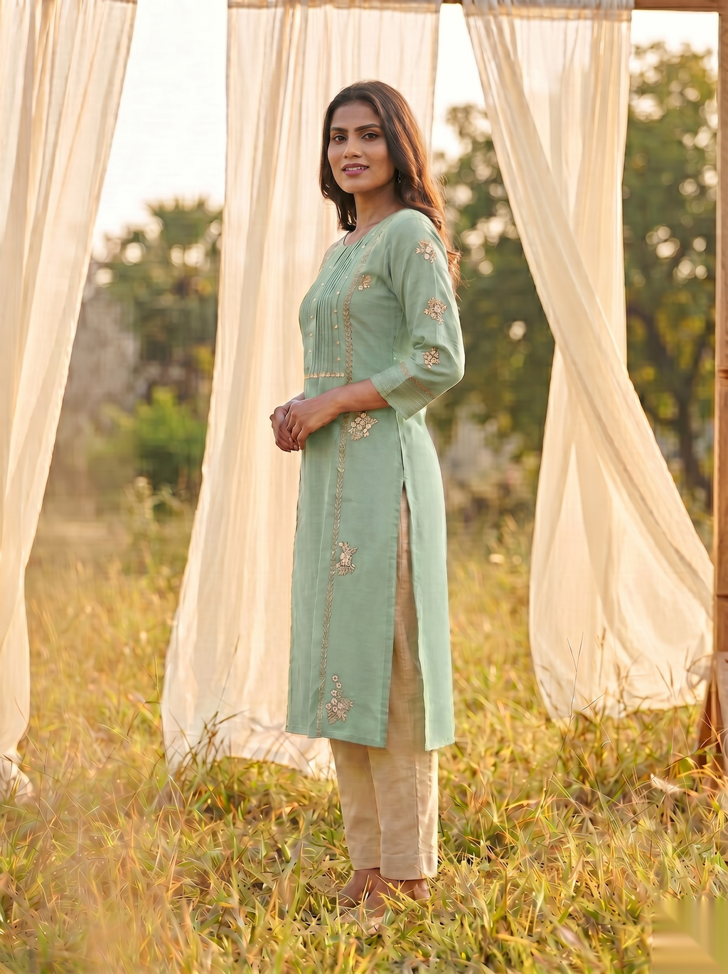 Floral Embroidered Kurti - Royal Green