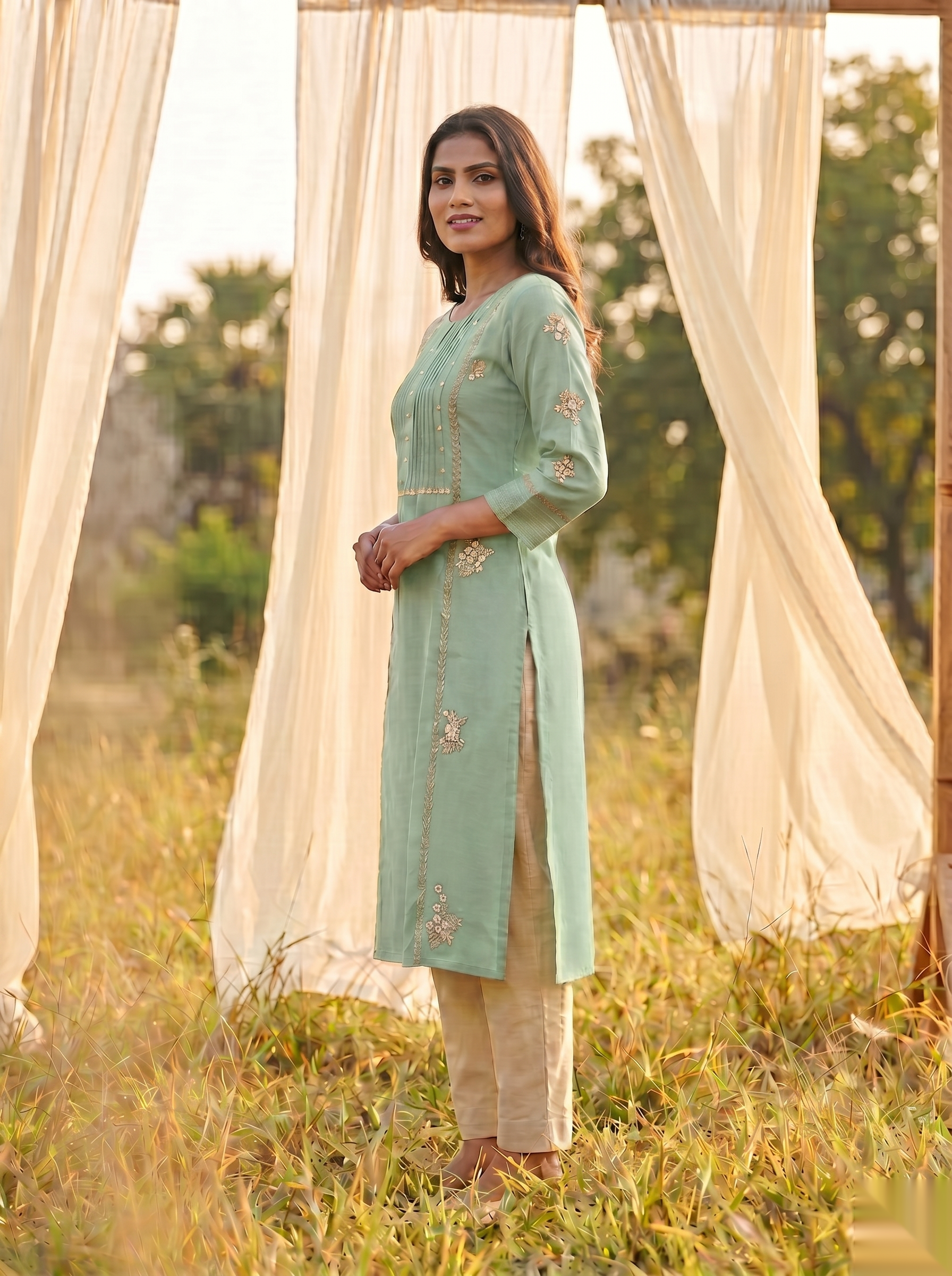 Floral Embroidered Kurti - Royal Green