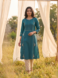 Floral Embroidered Kurti - Deep Green