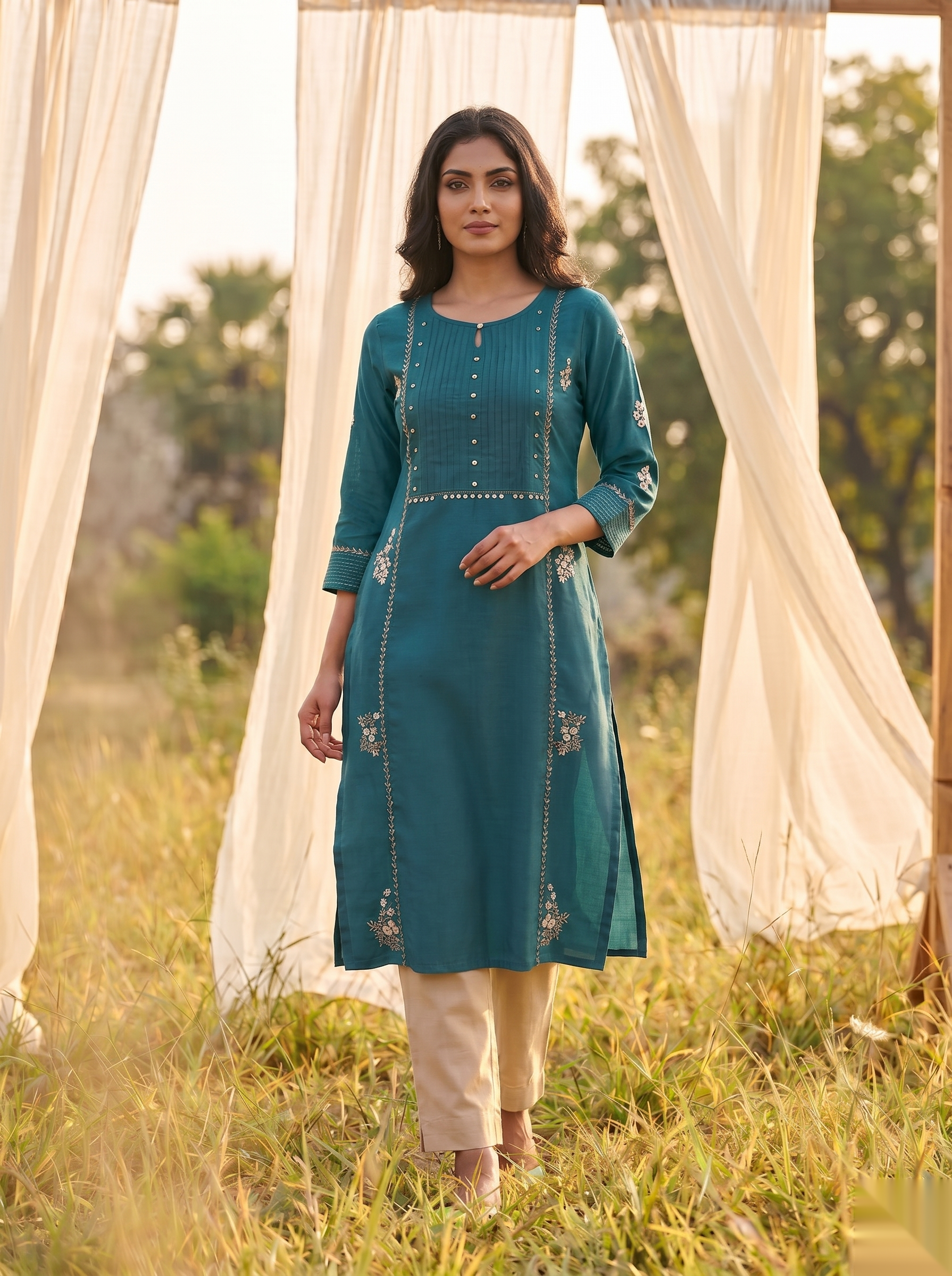 Floral Embroidered Kurti - Deep Green