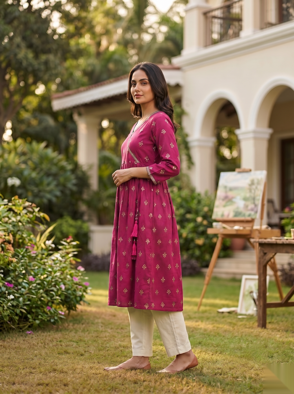 Cross Design Umberlla Kurti - Dark Pink