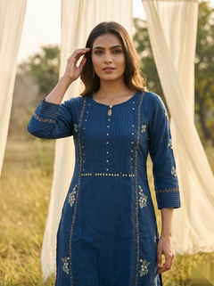 Floral Embroidered Kurti - Royal Blue