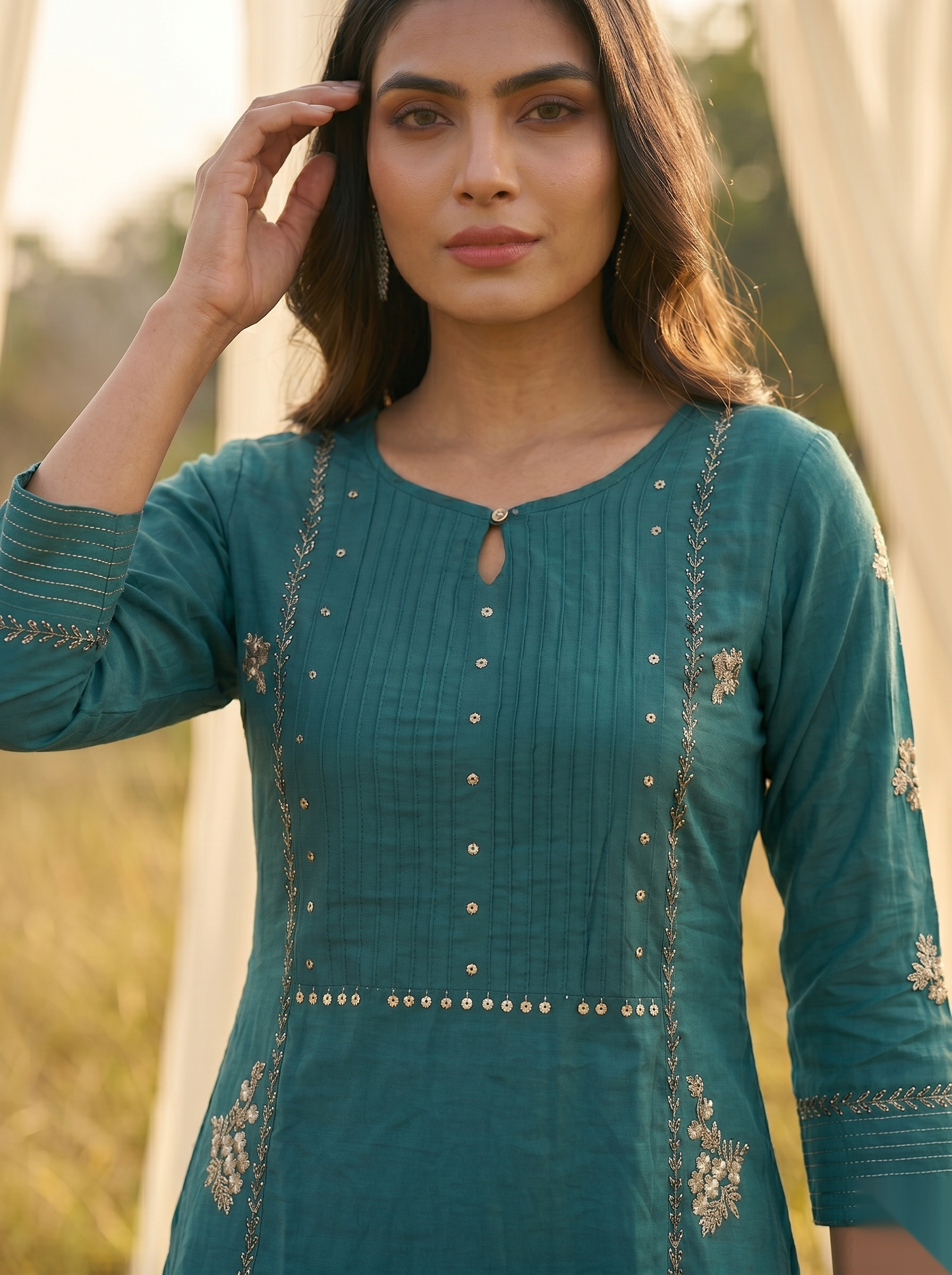 Floral Embroidered Kurti - Deep Green