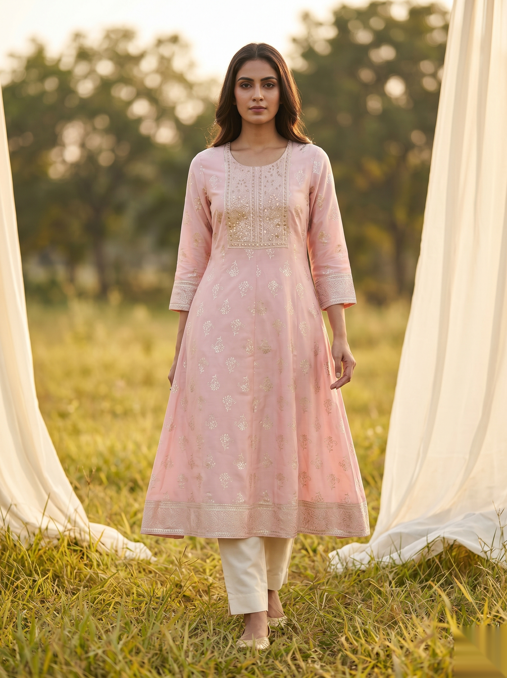 Elegent Umberlla kurti - Light peach