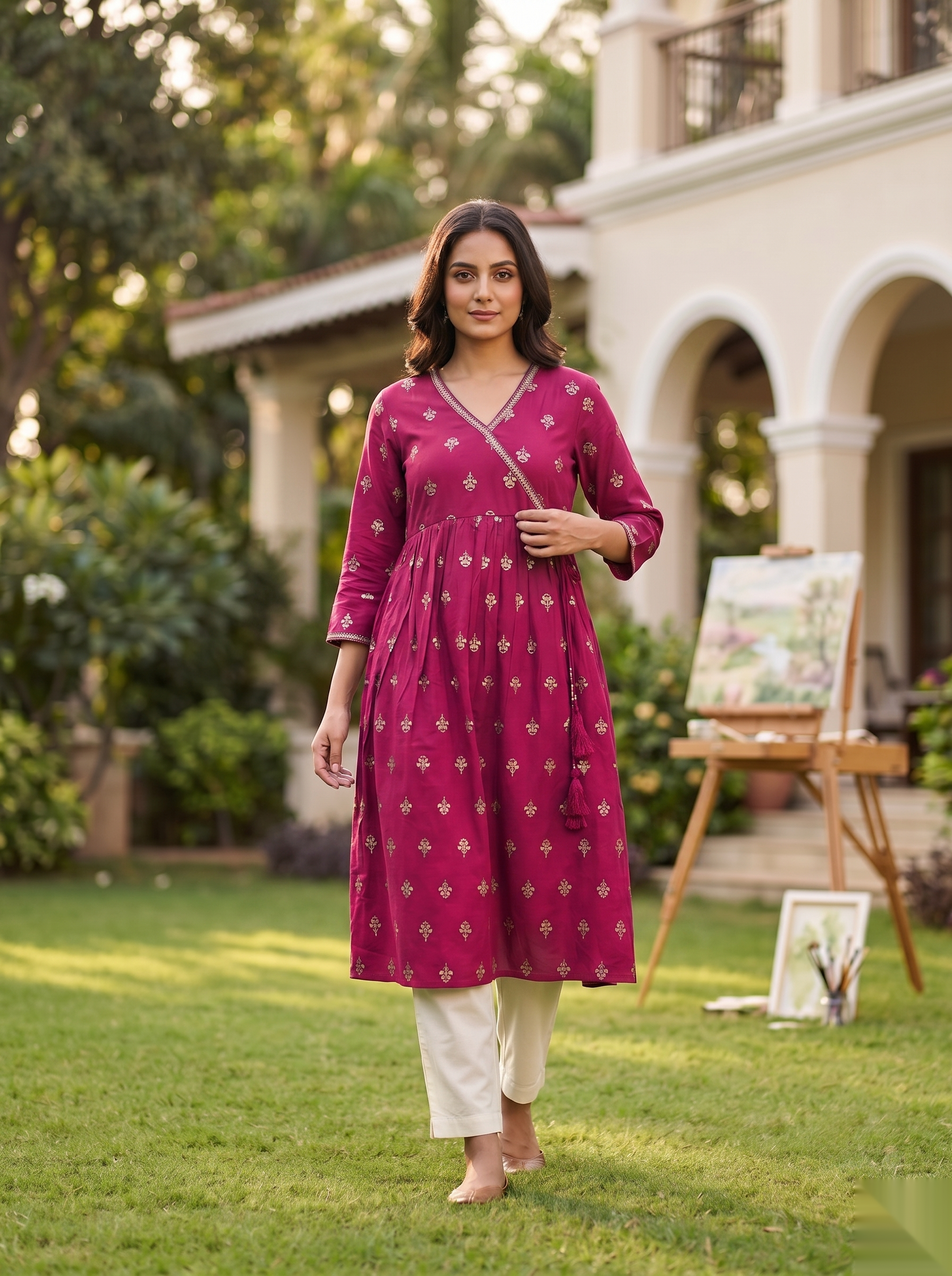 Cross Design Umberlla Kurti - Dark Pink