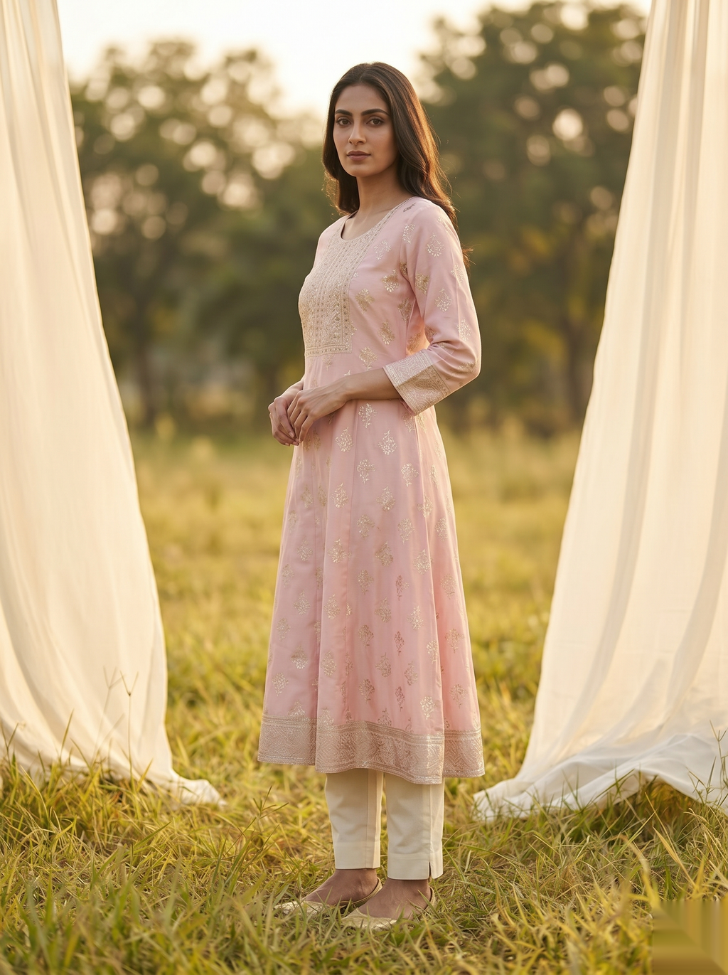 Elegent Umberlla kurti - Light peach
