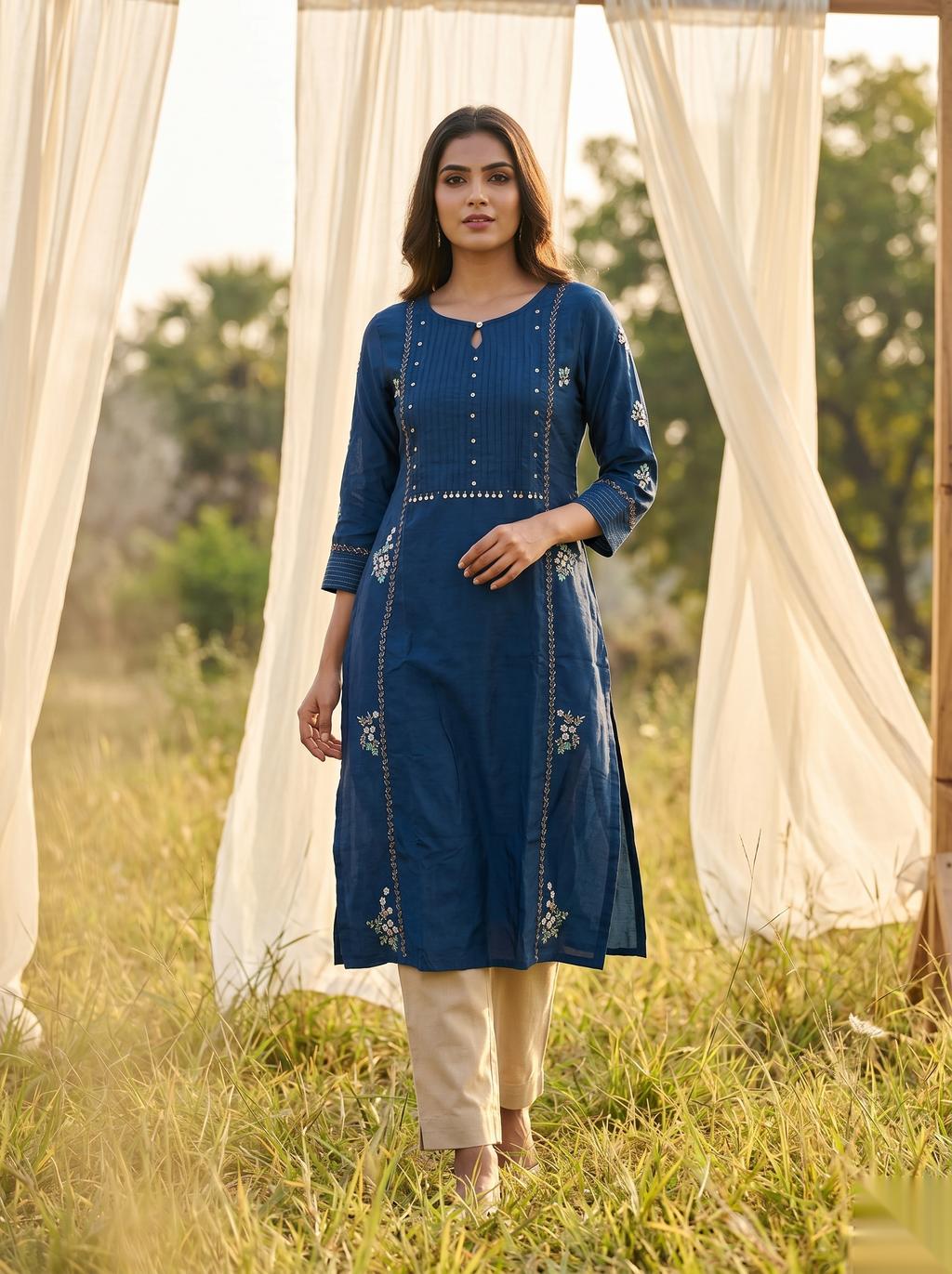 Floral Embroidered Kurti - Royal Blue